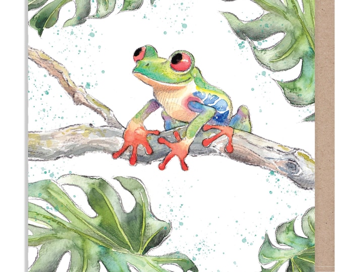 Blank Greeting Card -  Charming illustration - Tree Frog - 'Wonderfully Wild'  range - Made in UK -  WWE038