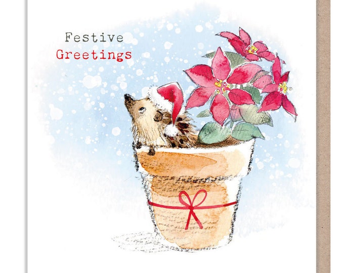 Festive Greetings- Quality Christmas Card - 150 x 150mm - Charming Hedgehog illustration- 'Bucklebury Wood'  range - Made in UK -  BWX014