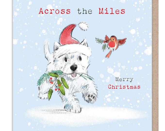 Across the Miles - Quality Christmas Card - 150 x 150 mm - Charming Westie illustration - 'Absolutely barking' range - Made in UK -  ABX116