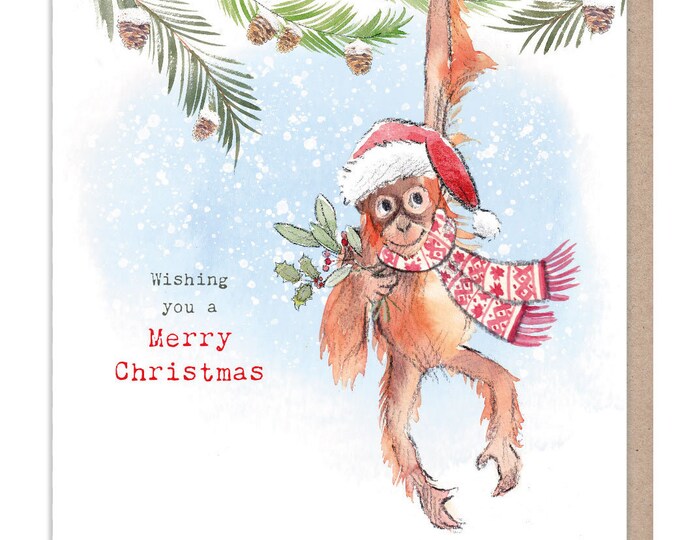 Merry Christmas - Quality Christmas Card - 150 x 150mm - Charming Orangutan illustration - 'Wonderfully Wild'  range - Made in UK -  WWX04