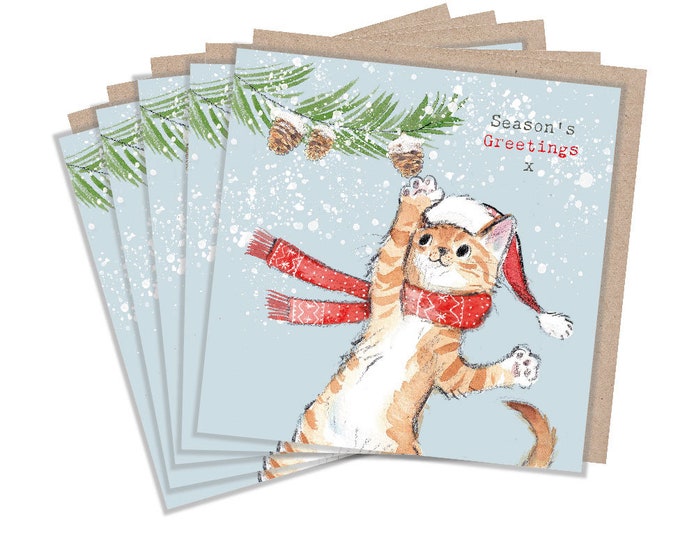 Christmas Card pack - 5 small quality cards with brown recycled envelopes -125 x 125mm-  one design - Ginger Kitten -  XPACK07