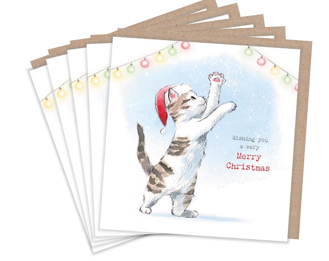 Christmas Card pack 5 small quality cards with brown recycled envelopes -125 x 125mm-  one design - Cute kitten with fairy lights - XPACK011