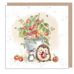 Carte vierge - Carte de qualité - Charmante illustration - Hérisson avec tomate - Gamme « Morris et Maude » - Fabriqué au Royaume-Uni - MME08