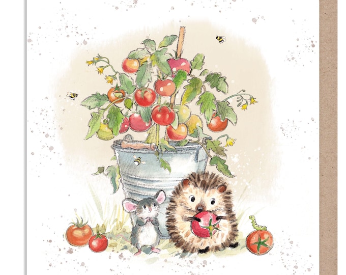 Blank Card - Quality Card - Charming illustration - Hedgehog with Tomato - 'Morris and Maude' range - Made in UK -  MME08