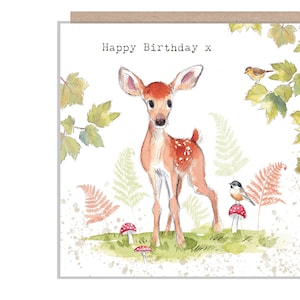 Carte d'anniversaire cerf - carte de voeux de qualité - charmante illustration - cerf avec oiseaux - gamme « Bucklebury Wood » - fabriqué au Royaume-Uni - BWE04