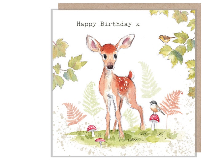 Deer Birthday Card - Quality Greeting Card - Charming illustration - Deer with Birds - 'Bucklebury Wood'  range - Made in UK -  BWE04