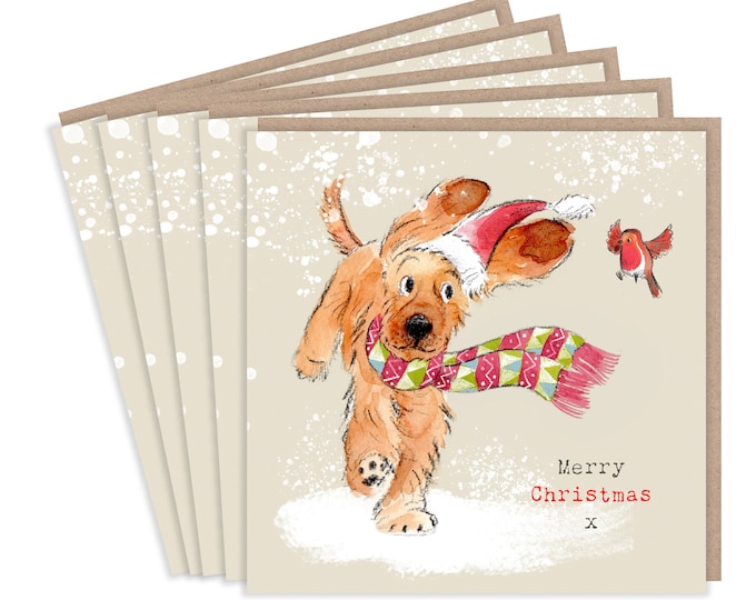 5 Quality Christmas Cards - 1 design 5 Cards  - Christmas Card pack - dog cards - Charming Cocker Spaniel illustration- Made in UK