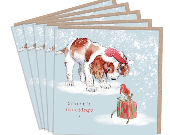5 Quality Christmas Cards - 1 design 5 Cards  - Christmas Card pack - dog cards - Springer spaniel illustration- Made in UK -no plastic