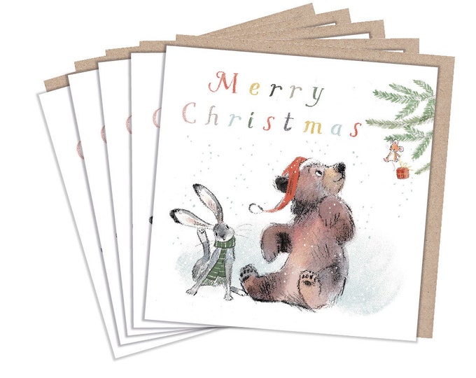 Christmas Card pack - 5 small quality cards with brown recycled envelopes -125 x 125mm-  one design - Bear, Hare and Mouse -  XPACK03