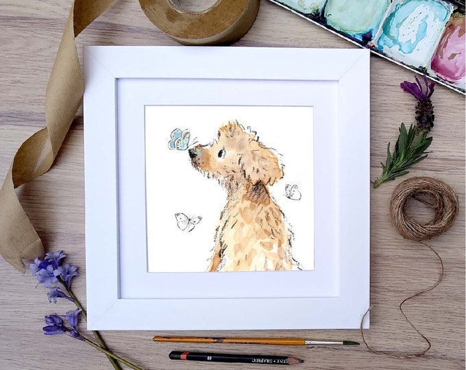 Framed Print - Cockapoo - Charming Illustration in soft pencil and watercolour - 25cm x 25cm -  FRABE026