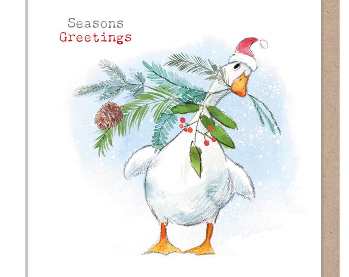 Quality Christmas Card- Seasons Greetings - White Duck and Foliage Illustration - 'Down by the river' range - Made in UK -  RIVX01