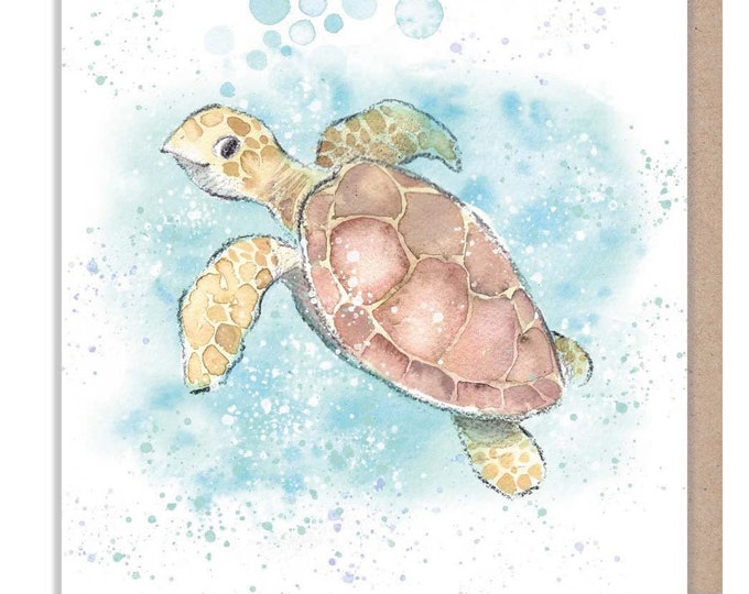 Sea Turtle - Blank -  Quality greeting Card - Turtle illustration - 'by the Seashore' range - made in UK  - SEA06