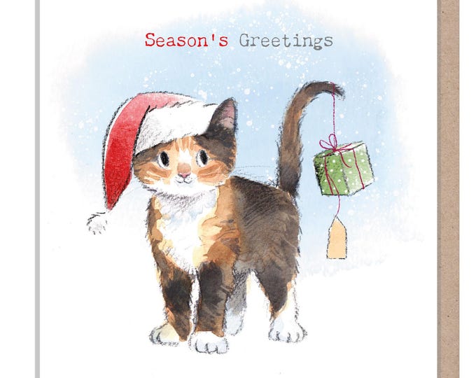 Quality Christmas Card - Seasons Greetings- Charming Cat illustration - 'Pawsitively Purrect' range - Made in UK - XPP016