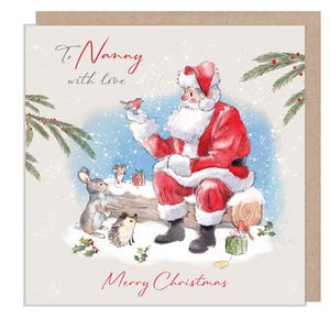 To Nanny with love - kwaliteitskerstkaart - 150 x 150 mm - kerstman met roodborstje - 'Wintery Tails'-assortiment - Made in UK - WT011