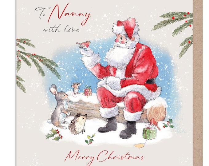 To Nanny with love - Quality Christmas Card -150 x 150mm - Santa holding Robin - 'Wintery Tails'  range - Made in UK - WT011