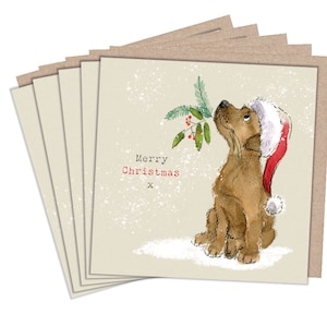 Jeu de cartes de Noël - 5 petites cartes de qualité avec enveloppes recyclées brunes -125 x 125 mm- modèle unique - Chiot brun - XPACK01