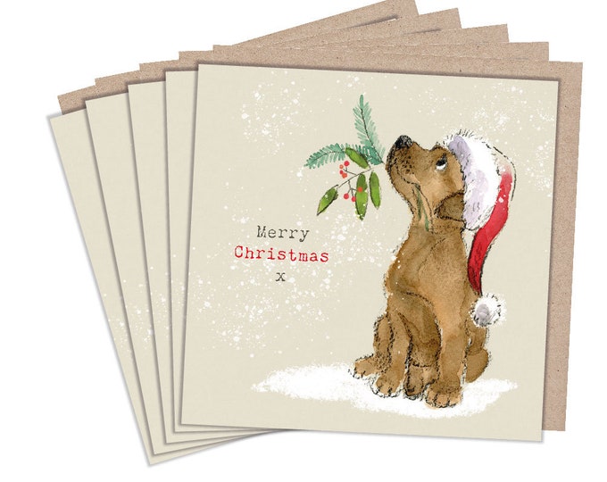 Christmas Card pack - 5 small quality cards with brown recycled envelopes -125 x 125mm-  one design - Brown Puppy -  XPACK01