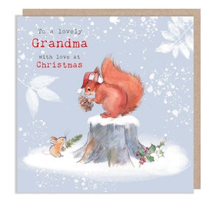 Para uma adorável vovó - Cartão de Natal de qualidade - Ilustração de esquilo e rato - linha 'Bucklebury wood' - Fabricado no Reino Unido - BWX023