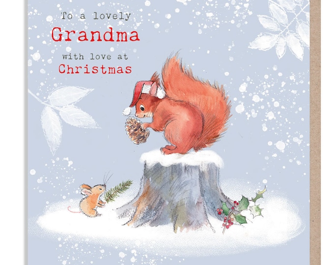 To a lovely Grandma - Quality Christmas Card - Squirrel and Mouse illustration - 'Bucklebury wood' range- Made in UK -  BWX023