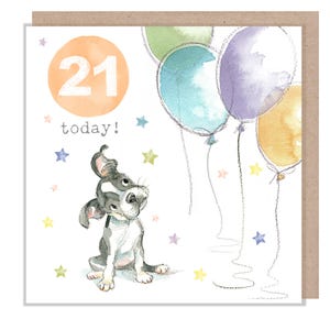 Carte d'anniversaire de 21 ans - Charmante illustration - Chiot avec des ballons « Party Time » - Fabriquée au Royaume-Uni - PTAGE021