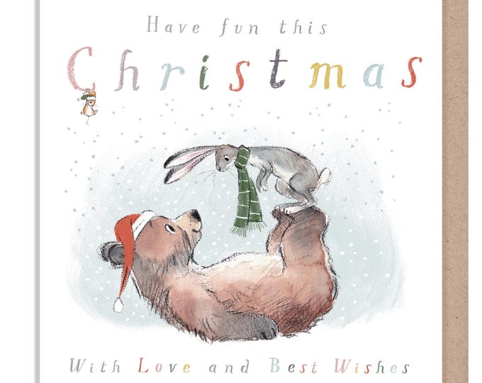 Quality Christmas Card, Have fun this Christmas' Bear, the Hare, and the Mouse', Cute heart warming  Bear Illustration, made in UK, BHMX017