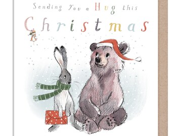 Sending you a Hug Christmas Card ,'the Bear, the Hare, and the Mouse', Cute heart warming  Bear Illustration, made in UK, BHMX020