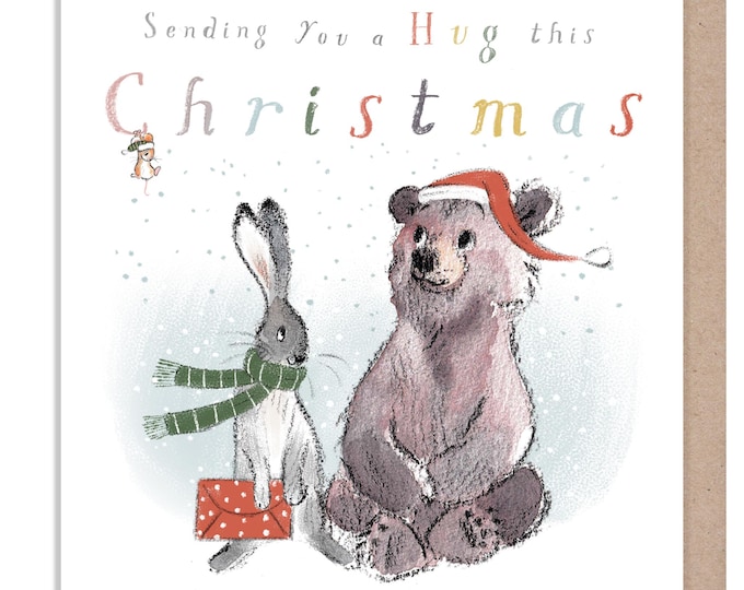 Sending you a Hug Christmas Card ,'the Bear, the Hare, and the Mouse', Cute heart warming  Bear Illustration, made in UK, BHMX020