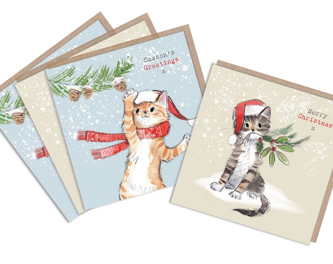 Pack of 4 Quality Christmas Cards - Charming Cat illustrations - 'Pawsitively Purrect' range  - Made in UK - XPP02/XPP04