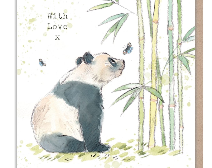 Panda Greeting Card -  Charming illustration - Panda with bamboo and butterflies - 'Wonderfully Wild'  range - Made in UK -  WWE09