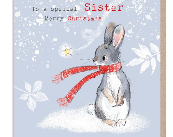 Special Sister - Quality Christmas Card - 150 x 150mm - Charming Rabbit illustration - 'Bucklebury wood' range- Made in UK -  BWX026
