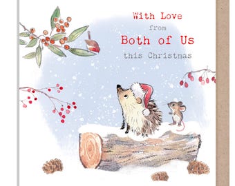 From Both of us Christmas Card - 150 x 150mm - Charming Hedgehog illustration- 'Bucklebury Wood'  range - Made in UK -  BWX030
