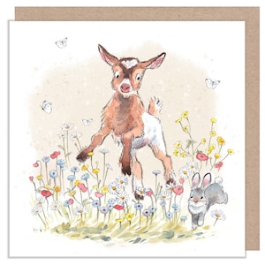 Biglietto vuoto - Biglietto di auguri di qualità - Illustrazione affascinante - Gamma 'Buttercup Farm' - Capra che salta con fiori - Prodotto nel Regno Unito - BF010