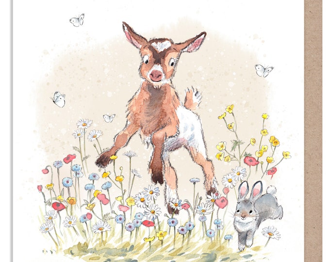 Blank Card - Quality Greeting Card - Charming illustration - 'Buttercup Farm' range - Jumping Goat with flowers - Made in UK -  BF010