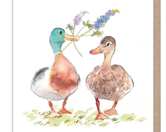 Canards - Vierge - Carte de voeux de qualité - Colverts avec illustration de fleurs - Gamme 'Down by the river' - made in UK - RIV06