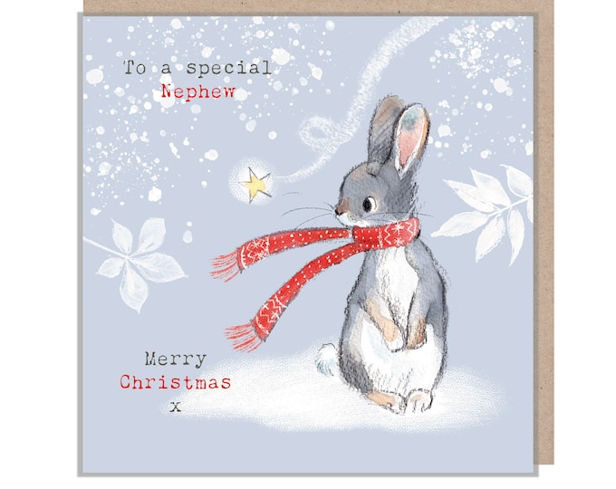 Nephew Christmas Card - Charming Rabbit illustration - 'Bucklebury wood' range- Made in UK -  BWX012