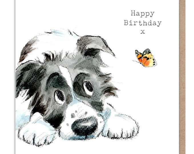 Dog Birthday Card - Quality Greeting Card - Charming illustration - cute dog- 'Absolutely barking' range - Collie Dog - Made in UK -  ABE045