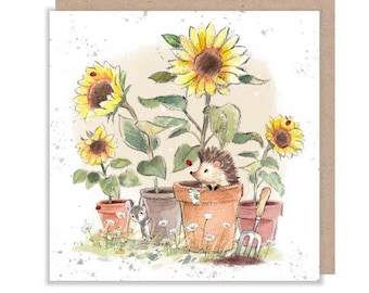 Blank Card - Quality Card - Charming illustration - Hedgehog with Sunflowers- 'Morris and Maude' range - Made in UK -  MME07