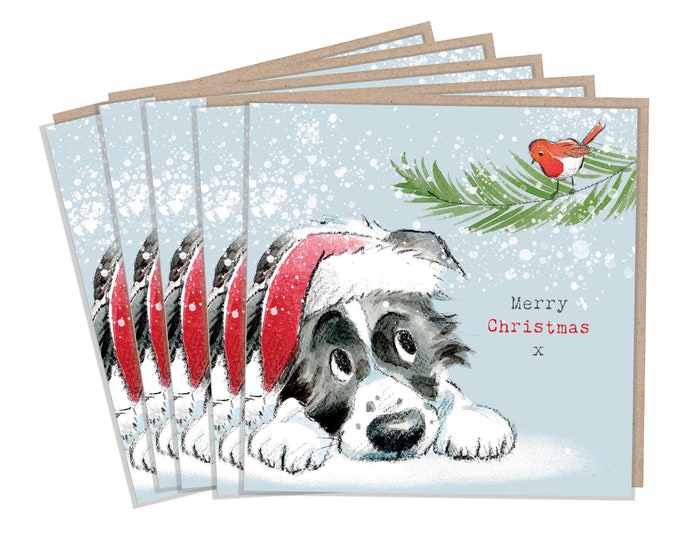 5 Quality Christmas Cards - 1 design 5 Cards  - Christmas Card pack - dog cards - Charming Border Collie illustration- Made in UK -