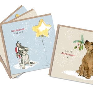 4 Tarjetas de Navidad de Calidad - 2 diseño - 4 tarjetas - Ilustraciones de Perros Encantadores - Labrador de Chocolate - Bulldog Francés - made in England