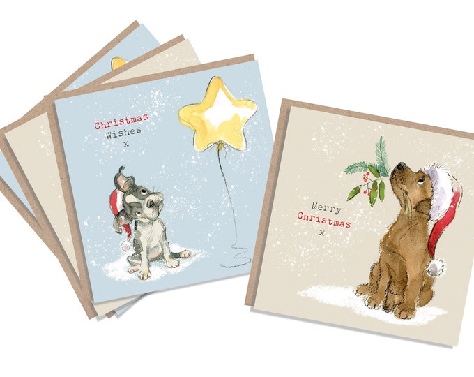 4  Quality Christmas Cards  - 2 design - 4 cards  - Charming Dog illustrations - Chocolate Labrador - French bulldog - made in England