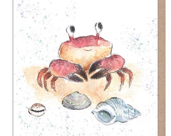 Crab with Shells - Blank -  Quality greeting Card - Crab illustration - 'by the Seashore' range - made in UK  - SEA05