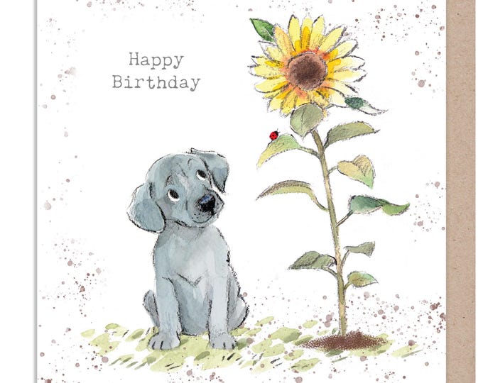 Birthday Card - Quality Card - Charming Dog illustration - 'Absolutely barking' range - Grey Puppy with Sunflower - Made in UK -  ABE114