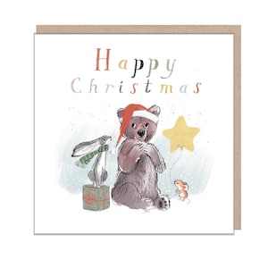 Carte de Noël de qualité, « l’ours, le lièvre et la souris », illustration d’ours mignon et réconfortant, ours avec ballon, fabriqué au Royaume-Uni, BHMX03
