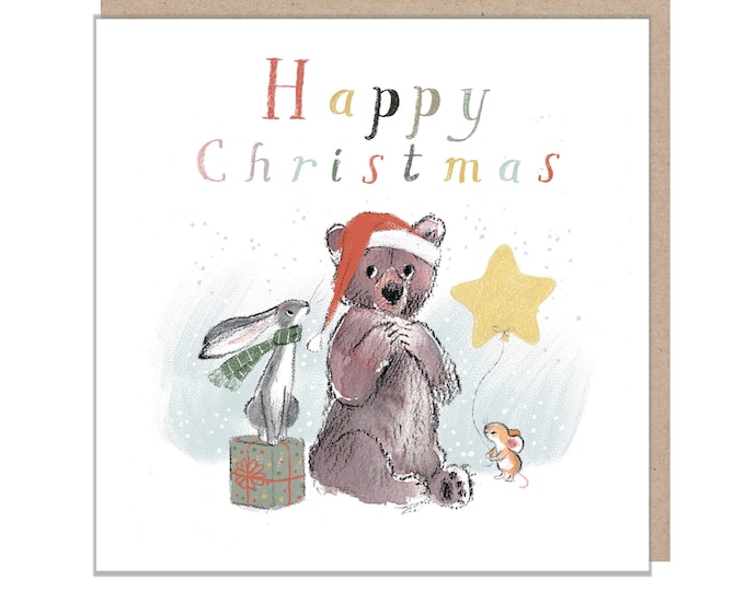 Quality Christmas Card,'the Bear, the Hare, and the Mouse', Cute heart warming  Bear Illustration, Bear with balloon, made in UK, BHMX03