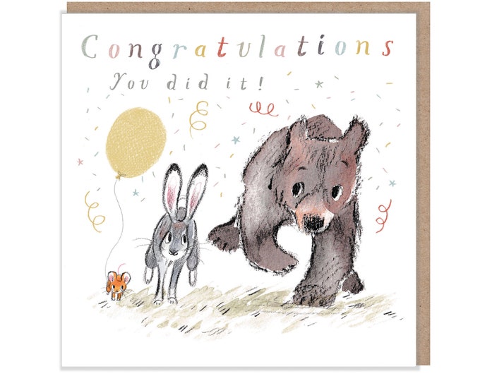 Congratulations you did it!, Quality Greeting Card, 'the Bear, the Hare, and the Mouse' , heart warming Illustrations, made in UK, BHME08