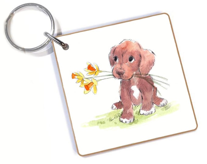 Quality Keyring - Dog with daffodils design - double sided - MDF-  Made in the UK  - KR07