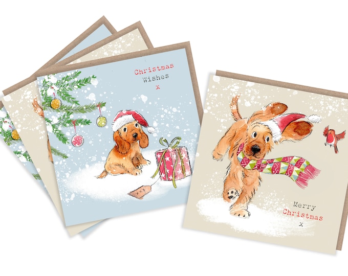 4  Quality Christmas Cards  - 2 design - 4 cards  - Charming Cocker Spaniel Illustrations- made in England - No plastic Packaging