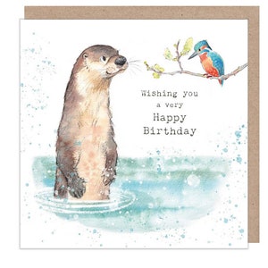 Lontra e martim-pescador - Cartão de aniversário de qualidade - Ilustração de lontra e martim-pescador - gama 'Down by the river' - fabricado no Reino Unido - RIV03