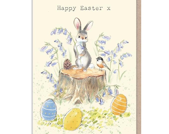 Easter Card - Charming illustration - Rabbit with Bluebells - 'Bucklebury Wood'  range - Made in UK -  BWEASTER02