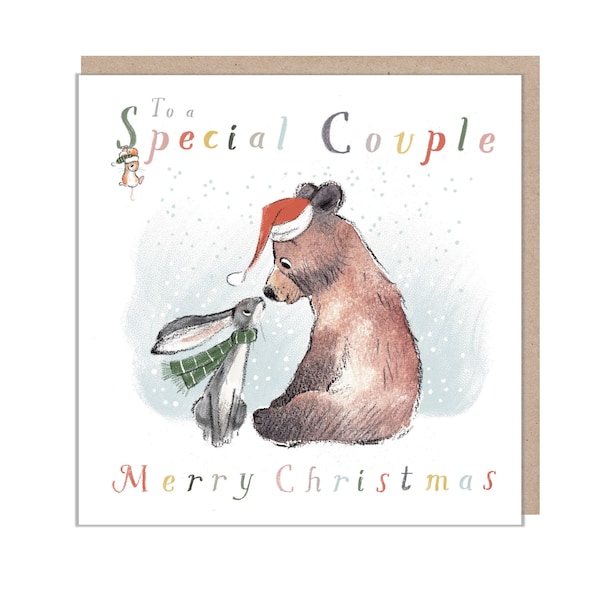 to a Special Couple, Christmas Card, 'the Bear, the Hare, and the Mouse', Cute heart warming  Bear Illustration,  made in UK, BHMX01